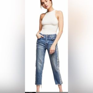 Free People Tribal Aztec Panel Raw Hem Boyfriend Jeans Button Fly Size: 26